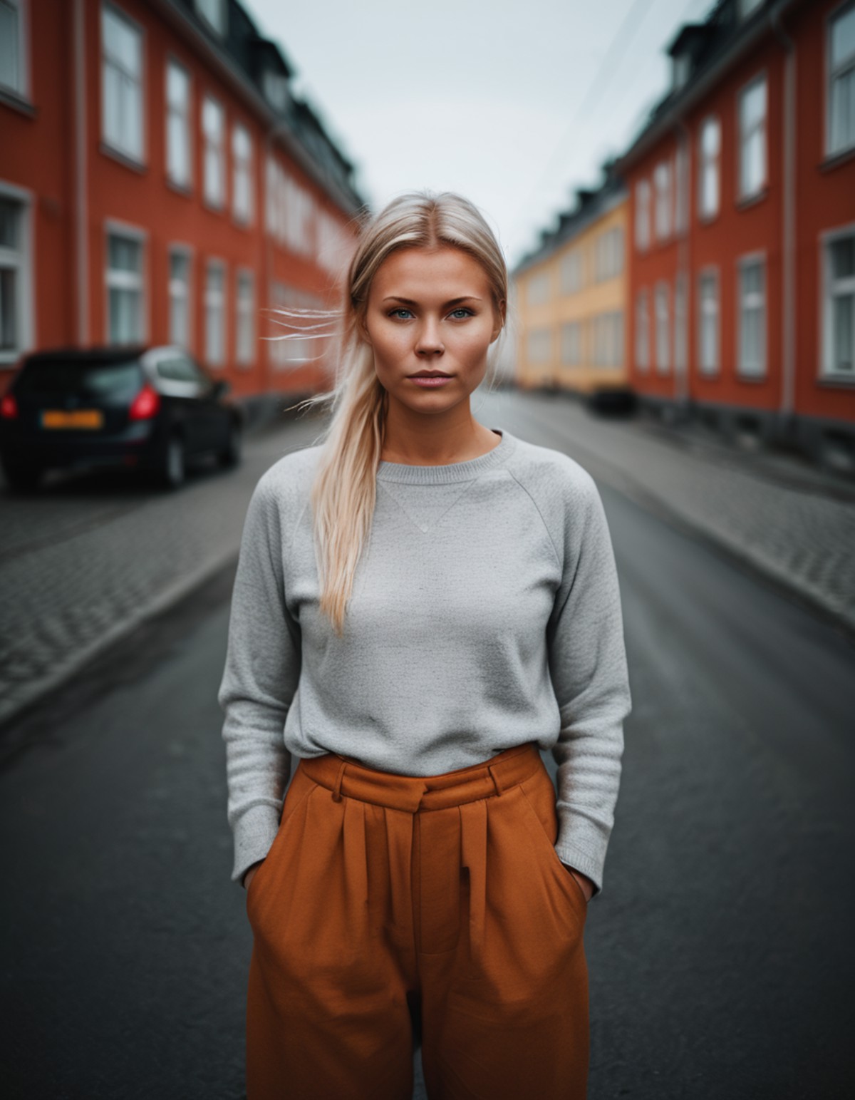 a photo of a modern nordic woman on a street