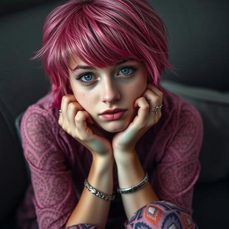 The image is a high-resolution, color photograph of a young woman with vibrant, short fluffy pink hair, tousled manner with bangs framing her face. Her skin has a light, slightly sun-kissed complexion with a scattering of freckles across her cheeks and nose. She has piercing blue eyes, a small nose ring, and full, slightly parted lips. Her expression is contemplative and slightly melancholic, with her hands supporting her face, fingers gently touching her cheeks. She is dressed in a casual dress with intricate lace detailing, which contrasts with her vibrant hair color. She is wearing multiple bracelets on her arms, including a chunky silver cuff, and a couple of rings on her fingers. Her attire also includes patterned leggings with a mix of pink, purple, and orange hues. Depth of field. She is seated on a textured, patterned surface, possibly a cushioned sofa or chair, with the soft, muted lighting enhancing the intimate, moody atmosphere.