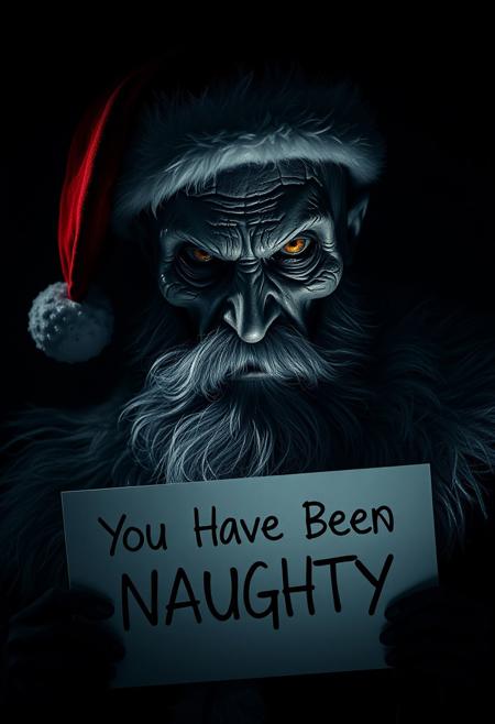 A old cyborg dressed as santa in a dramatic, chiaroscuro-style portrait, his expression is grim, evil and mysterious, his amber glowing eyes seeming to hold untold secrets. Deep shadows obscure his face. His crimson santa hat fur trim is faintly visible against the darkness.
Holding a sign just below his beard., bold text reads: "You Have Been Naughty".