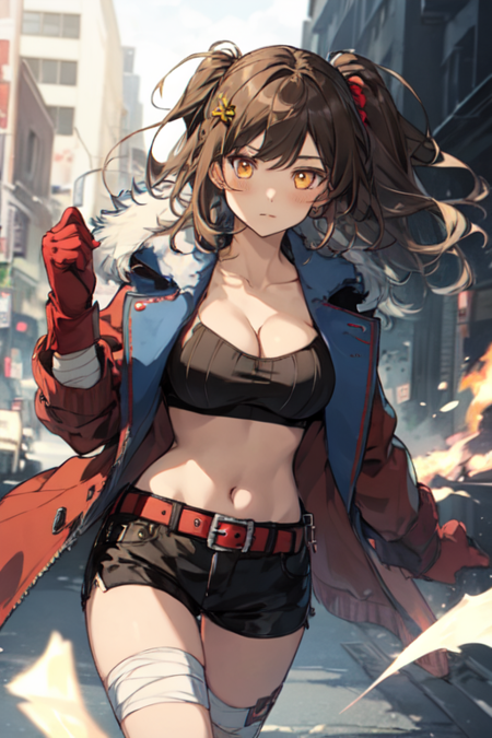 AmyAnotherEden, 1girl, solo, long hair, large breasts, brown hair, side ponytail, hair ornament, red gloves, navel, cleavage, collarbone, jacket, yellow eyes, open clothes, black shorts, midriff, belt, fur trim, short shorts, one side up, bandaged leg, 