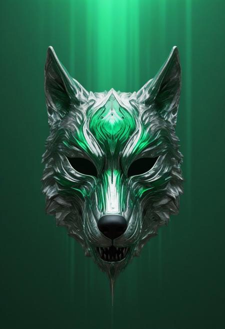 Photograph of a heist mask shaped like a wolf with horror design, metallic green and fluid silver like mercury, minimalistic blurry horror background, horror light 
 <lora:aidmaGlitchStyle-v0.1:0.75> glitch, flickering, digital, glitching
 <lora:SDXLFaeTastic2400:0.35>
 <lora:aidma-Image Upgrader-v0.1:0.4>