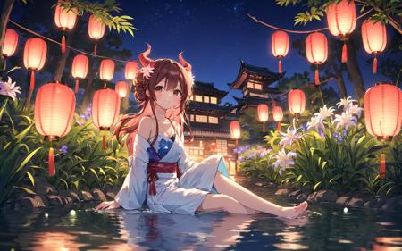 1girl, solo, dragon horns, dragon wings, dragon tail, dragon girl, spider lily, japanese clothes, flower, barefoot, long hair, tree, water, white kimono, sitting, outdoors, wet, night, wet clothes, soaking feet, lantern, bangs, pink flower, purple flower, red hair, see-through, bare shoulders, looking at viewer, sky, house, blue flower, brown eyes, blush, one side up, bare legs, butterfly, building, wet kimono, night sky, bug, long sleeves, sundress, white flower, blurry, blurry foreground, depth of field, eyebrows visible through hair, off shoulder, hair between eyes, collarbone, scenery, red flower, reflection, closed mouth, sleeveless, grass, off-shoulder kimono, ripples, lake, star \(sky\), small breasts, paper lantern, half updo, brown hair, strap slip, plant, artist name, pink butterfly, smile, starry sky, looking away