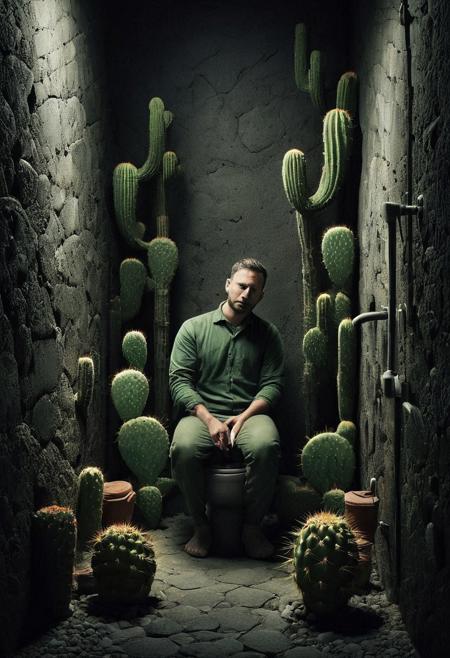 Product photo, A toilet made out cactus, in 
dungeon,a man sitting on toilet,
torchs,dark,shadow ,detailed, film grain,
