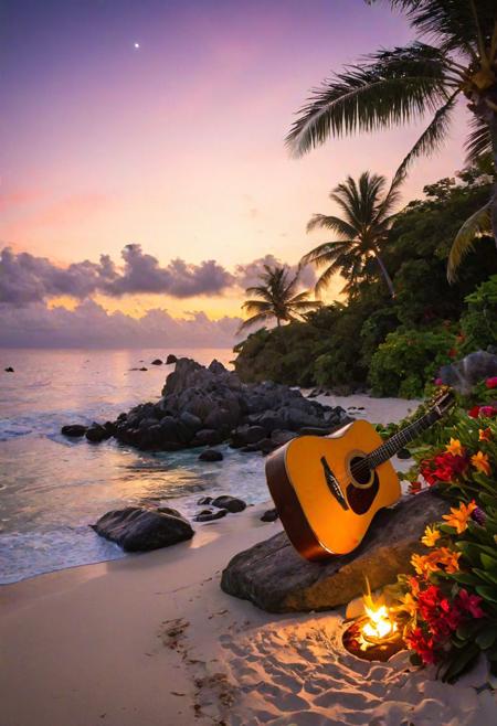 acoustic guitars, tropical music, beach, sea palm trees, colorful birds, vivid flowers, an intimate beachside concert under the stars, where musicians play soulful melodies as listeners gather around, bonfires casting flickering shadows, waves lapping gently on the shore, (romantic:1.2), (warm tones:1.1), (ethereal lighting:1.1), (dreamy), (intimate setting), (nighttime ambiance), (musical harmony)