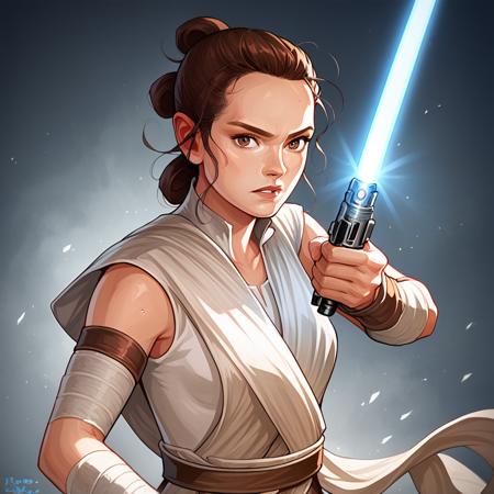 Rey, 1girl, solo, brown hair, brown eyes, sleeveless, jedi, white cloth,