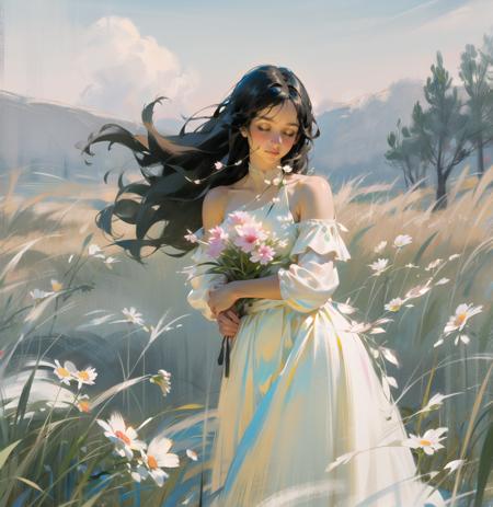 1girl, solo, flower, dress, long hair, closed eyes, black hair, white dress, holding flower, field, holding, outdoors, grass, realistic, bare shoulders<lora:oil_painting:0.9>