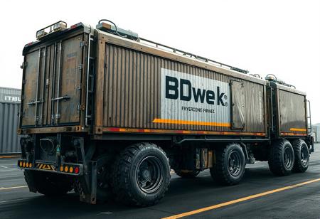 1 vehicle, 
cyberpunk   industrial trailer. large wheels. Cargo containers on wheels. 
Logo label "BDwerks®" written on the side 
View from above.