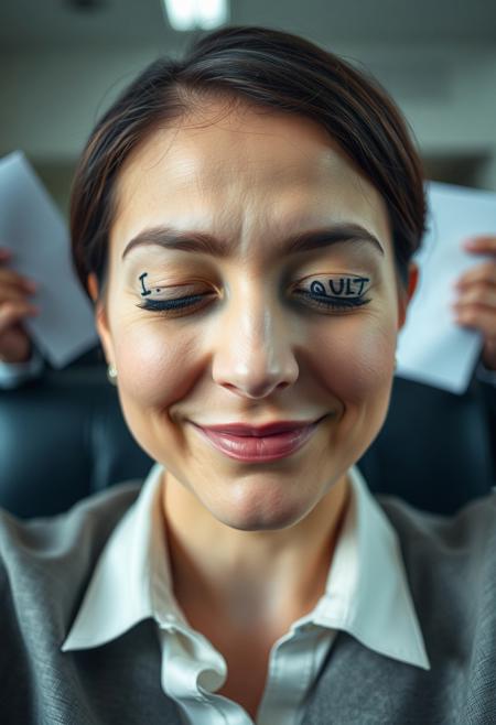 Closeup of a Woman secretary face sitting in office with eyes closed and word "I" written on her one eyelid and "QUIT" on her other eyelid, with slight smile view from behind her furious boss he is throwing papers around and yelling