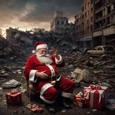 cinematic photo sad santa Santa Claus deliver his last gift on the last day on earth, sitting, dirty cloth, background ,n destroyed city after nuclear blast, bokeh, professional, 4k, highly detailed
