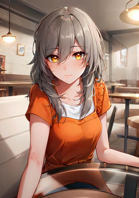 ((masterpiece)), female trailblazer, 1girl, solo, long_hair, looking_at_viewer, bangs, shirt, hair_between_eyes, closed_mouth, yellow_eyes, (red_shirt:1.4), grey_hair,

masterpiece, best quality, high quality, absurdres, shiny skin, colorful, dynamic pose, stunning art, best quality, hyper detailed, dynamic angle, beatlful detailed, reflective hair, good lighting, ray tracing, depth of field, ultra-detailed, illustration, Amazing, fine detail, extremely detailed, ((ultra-detailed)), (beautiful detailed girl), beautiful detailed glow, intricate detail, highres, an extremely delicate and beautiful, beautiful detailed eyes, realistic, hdr, rounded eyes, detailed facial features,

(illustration), (beautiful detailed eyes), ((very detailed face)), depth_of_field, eyebrows_visible_through_hair, frills, (upper body:1.4),

clothes reflecting light, (light diffraction on skin: 1.35), (glossy skin: 1.55), (Iridescence Effect: 1.55),

(cafe, sitting, table:1.4),

critical angle, thick thighs,