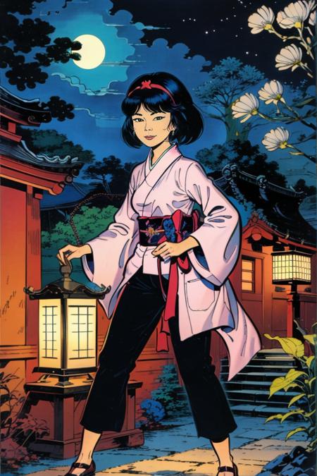 Yoko Tsuno, smiling, holding a shoji lamp in the night outside a japanese pavillon, black and pink cheongsem, black pants, short black hair, red hairband, garden, plants, flowers, crescent moon, masterpiece, ultra high res, crystal clear, sharp focus, 1girl, 1990s \(style\), traditional media, retro artstyle, futuristic, science fiction, ((perfectly drawn hands)), <lora:yoko_tsuno-10:0.9>