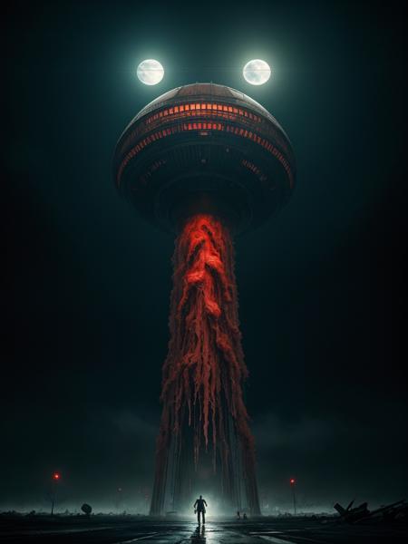 mastrpiece photography, of Sci- fi Horror Something wicked this way comes close-up the scariest ever ,planet with scariest reddish black spacecraft on the ground being discovered by astronauts, Cinematic, Chiaroscuro, depth of field, surreal, foreboding background, from the mind of Tim Burton HR Giger, UHD, Insane detail,trending on artstation, sharp focus, trending on artstation, abstract colors, professional ominous art, smooth, sharp focus, in the style of simon stalenhag, wayne barlowe and igor kieryluk. <lora:xl_more_art-full_v1:1>