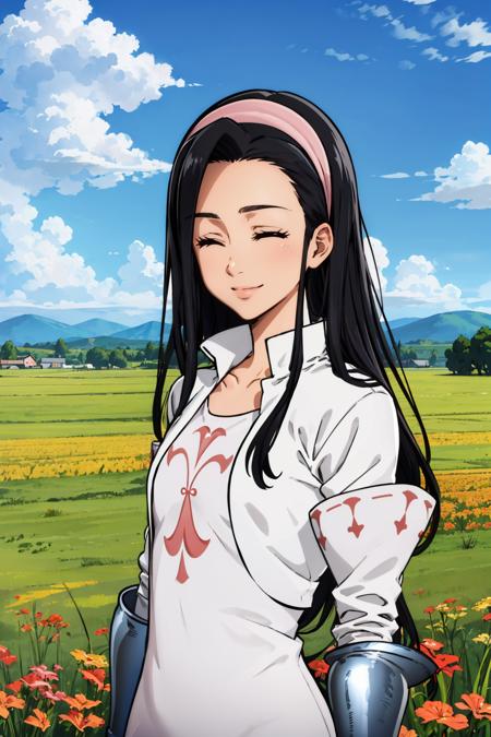 masterpiece, best quality,  <lora:guila-nvwls-v1-000009:0.9> guila, closed eyes, hairband, cropped jacket, white jacket, white dress, short dress, gauntlets, smile, upper body, looking at viewer, field, sky, clouds, arms at sides