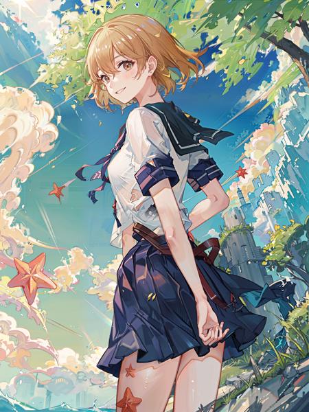 oboro \(kancolle\), 1girl, starfish, solo, school uniform, serafuku, skirt, v, crab, day, cloud, sky, smile, pleated skirt, looking at viewer, from below, blush, arm behind back, blue skirt, breasts, blue sky, lens flare, short sleeves, cowboy shot, outdoors, medium breasts, original, intricate detail, illustration, masterpiece, extremely detailed CG unity 8k wallpaper, highlight, sharpening, dynamic,   <lora:Oboro:0.5>