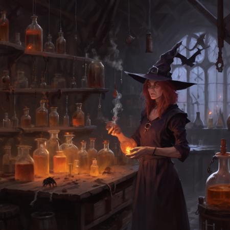 artwork in jrst artstyle of a witch in an alchemy laboratory, hd, 4k, high-quality