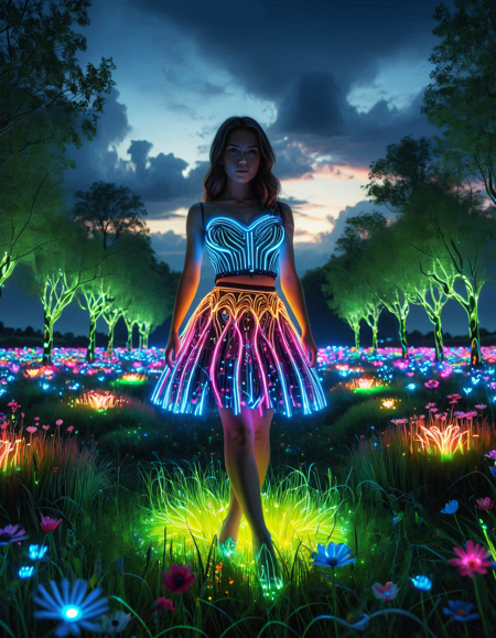 colorful led, woman made of led wearing skirt made of neon, fields of grass with flowers made of neon, trees made of neon and led, long shot scenic professional photograph of , perfect viewpoint, highly detailed, wide-angle lens, hyper realistic, with dramatic sky, polarizing filter, natural lighting, vivid colors, everything in sharp focus, HDR, UHD, 64K, 8k, highly detailed, colorful LED lights, woman wearing skirt made of led, trees made of neon, grass fields made of neon, flowers made of neon, Photorealistic, Hyperrealistic, Hyperdetailed, analog style, soft lighting, subsurface scattering, realistic, heavy shadow, masterpiece, best quality, ultra realistic, 8k, golden ratio, Intricate, High Detail, film photography, soft focus,  <lora:ColourfulLED:1>,