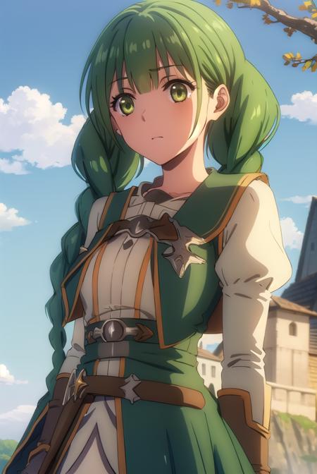 rishiaivyred, <lora:rishia ivyred s3-lora-nochekaiser:1>,
rishia ivyred, long hair, bow, (green eyes:1.3), braid, hair bow, green hair, twin braids,
BREAK gloves, dress, brown gloves, green dress, skirt, white skirt, puffy sleeves,
BREAK outdoors, forest, nature, sun, sky, trees, clouds, grass,
BREAK looking at viewer, (cowboy shot:1.5),
BREAK <lyco:GoodHands-beta2:1>, (masterpiece:1.2), best quality, high resolution, unity 8k wallpaper, (illustration:0.8), (beautiful detailed eyes:1.6), extremely detailed face, perfect lighting, extremely detailed CG, (perfect hands, perfect anatomy),