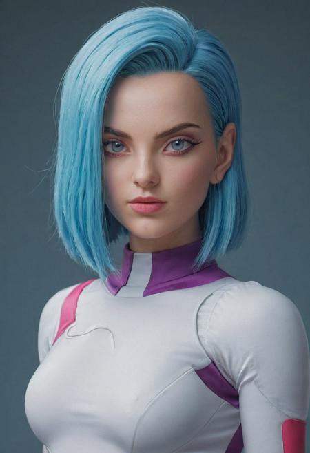 a woman, sysdeep_android18, blue hair with pink tips, purple eyes, white skin, red bodysuit, portrait