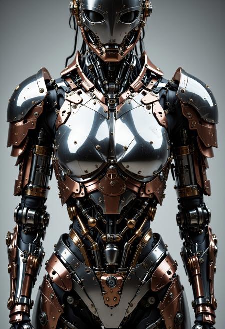ajchrobo, A detailed frontal portrait of a cybernetic FredFraiStyle knight focusing on the armored torso and shoulders. The upper body is crafted from interlocking plates of brushed titanium, chrome, and rose gold, forming a chiseled and regal silhouette. Heavy mechanical pauldrons sit atop broad shoulders, adorned with etched insignias and precision-cut vents. The chestplate is sculpted with elegant curves and angular seams that follow anatomical contours, enhanced by subtle patina and battle-worn textures. Beneath the armor, transparent metal mesh reveals intricate mechanical ribs and hydraulics, hinting at a powerful inner framework. The entire form radiates strength and nobility, with polished metallic surfaces catching dramatic studio lighting. The reflective chrome floor mirrors the knight's commanding stance, while the photorealistic 3D rendering showcases complex material interplay—light gliding across the layered armor, emphasizing both beauty and brutal efficiency. Exposed servos and precision-welded seams underscore the fusion of elegance and function in this cybernetic warrior.