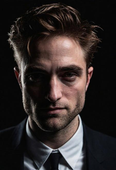 Close-up, (robert Pattinson s Batman  ), grim smile, relaxed pose, portrait movie shot, serious, menacing, chiaroscuro style photo, dark background, minimalism, dramatic lighting, professional quality, dull highlights and shadows, natural and  original,