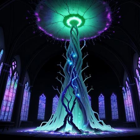 Create a 3 minutes video for YouTube about Kleptoparasi King of all Calamities  An eerie mushroom cathedral, its bioluminescent interior casting a soft, ethereal glow. The walls and ceiling are lined with cracked, glowing blue veins that mimic the intricate patterns of shattered glass, hinting at the presence of archaea and bacteria. In the center of this mystical space, a Kleptoparasi is a mixes of archaea/bacteria/mushroom/parasite/fungi a living virse humanoid entity, stands tall with its translucent bioluminescence glass like skin revealing a complex network of neon glowing veins in the same electric blue hue. Its eyes are two piercing dots of light that seem to pulse in sync with the surrounding fungal structure. The creature wears tattered robes made from what appear to be discarded membrane scraps, giving it an otherworldly, yet strangely organic appearance. As it steps into the heart of the cathedral, its veins flare up in a symphony of colorful flames—purple, teal, yellow, green, red, orange, and pink—manifesting its Kleptoparasitism Striker form. Its hands are now engulfed in a fiery dance of multiple hues, each flame representing a different type of energy stolen from various hosts. The parasite's posture is one of determination, its eyes focused on the horizon of the mushroom forest beyond, symbolizing its relentless pursuit of new life to infect and adapt to. The scene is a mesmerizing blend of beauty and horror, showcasing the delicate balance of life