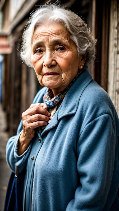 old lady in old clothes, ragged clothes, sad face, sad expression, standing in a crowded street, detailed background, highly detailed face, extremely detailed, high quality, best quality, looking at viewer, whole body, full body in frame