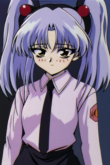 masterpiece, best quality, ultra-detailed, <lyco:hoshino_ruri_v4:0.7>, hoshino ruri, 1girl, solo, blush, pencil skirt, collared shirt, hair bobbles, long hair, twintails, closed mouth, black necktie, retro artstyle, 1990s (style)