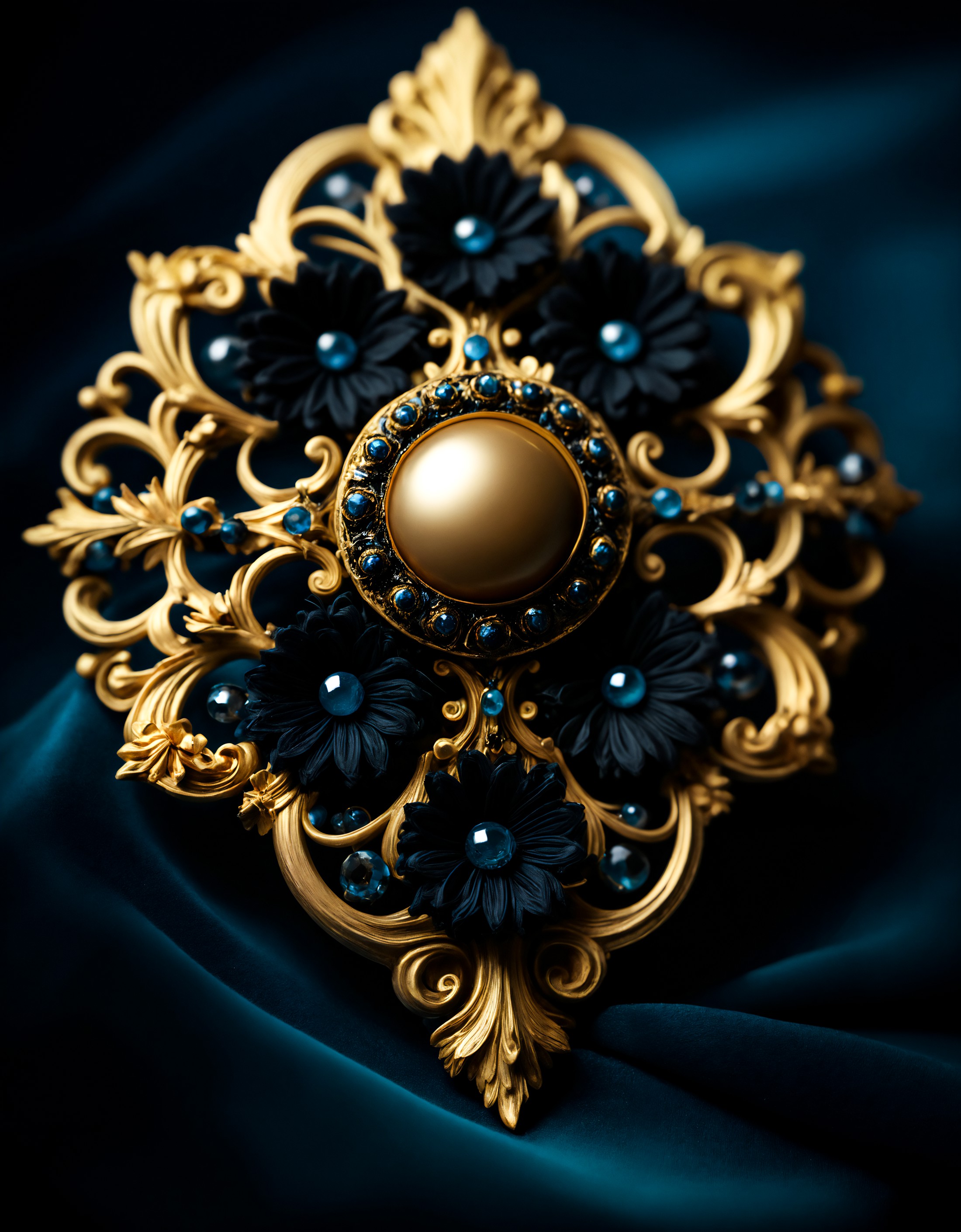 glamour product photo of an exquisite brooch on soft velvet, ebonygold, ultra realistic, intricated detail, trending on ar...