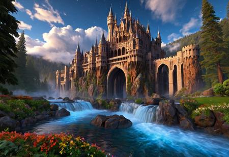 (masterpiece:1.5), (score_9, auto1111), extreme quality, reflections, surface reflections, ((no humans, no people)), precise, precision, striking visuals, sharp focus, detailed background, light reflections, architecture of boundless opportunities, (an enormous Fractal Castle), at the rim of a enormous redwood forest, enormous mountains in the background, enormous redwood trees, (a steaming stream and waterfall), realistic, photorealistic, night sky, clouds, steaming water, multicolored flowers, detailed enormous Fractal Castle, polished glass, polished White Stone, fluffy clouds, mist, fog, detailed landscape, flowing water, detailed titanium bridges, starry sky, night, landscape of boundless opportunities, extreme fantasy, dynamic shaders, vibrant colors, water fog, ground fog, Fractal architecture, (close-up view of Castle), boulders of different sizes, (inspired by dungeons & dragons),