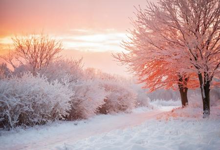 snow in winter sunrise, in the style of light red and dark gold, soft focus romanticism, matte photo, silver and orange, light silver and white, white and orange,