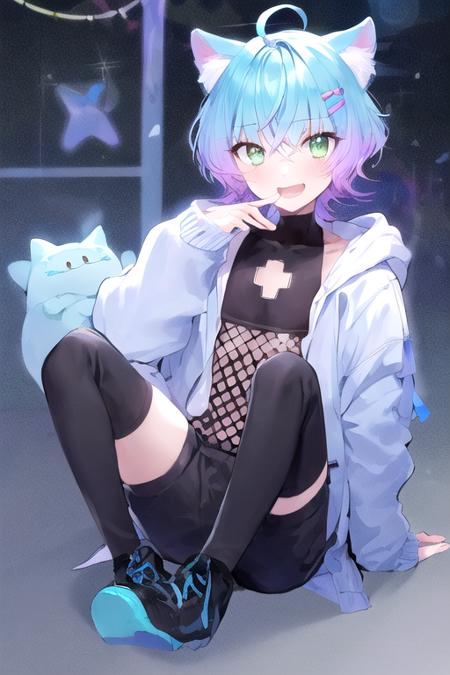Linechu a boy with blue hair and cat ears
