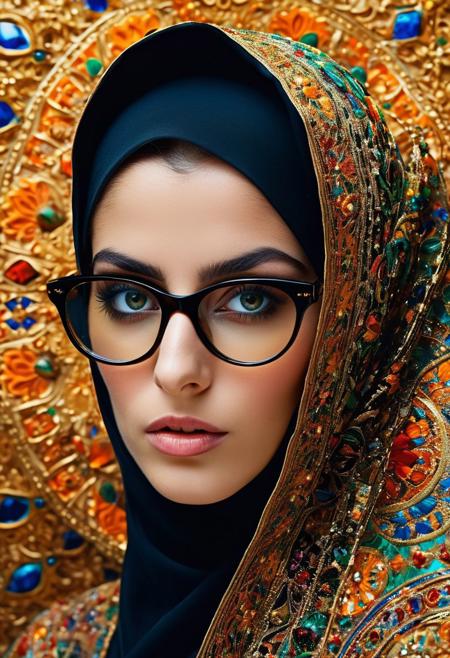 Persian color palette , Persian art, Persian girl, Persian, Iranian, Iran,nun, WEARING DARK, SHINY GLASSES folk costumes (Lina Cavalieri: 1,2) (8k, RAW photo, highest quality), hyperrealistic, intricate abstract, intricate artwork, abstract style, otherworldly, mesmerizing parallel dimension, gravity defies logic, abstract masterpiece, interplay of floating objects, distorted silhouettes, vivid hues, ethereal light, weightlessness in an unknown realm, non-representational, colors and shapes, expression of feelings, imaginative, highly detailed, extremely high-resolution details, photographic, realism pushed to extreme, fine texture, 4k, ultra-detailed, high quality, high contrasthanfu,clear face, Ultra High Resolution, wallpaper, 8K,Rich texture details, hyper detailed, detailed eyes, detailed background, dramatic angle, epic composition, SimplepositiveXLv1 (masterpiece, high quality, ), , , model photoshoot, , a stylish girl, (by Andreas Gursky:1,3)