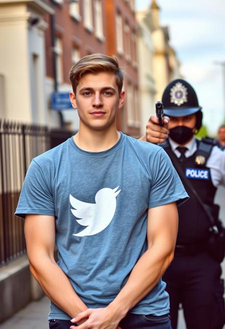 young man wearing a twitter t-shirt is about to be shot by the british police officer, officer pointing a gun at the man