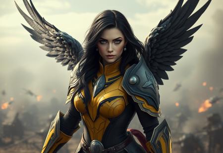 27 yr old Armenian woman in ceramic yellow and black power armor, , majestic black feathered angel wings, solo, shoulder armor, glowing blue eyes, pauldrons,  long flowing  black and grey hair, looking at viewer, grimdark, flying over a battlefield