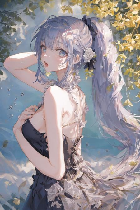 art by Cornflower, dreamy, <hypernet:Cornflower_Phantom:1.0>
(super fine illustration,masterpiece, best quality,beautiful detailed eyes,1girl,finely detail,Depth of field, 4k wallpaper,bluesky,cumulus,wind,insanely detailed frills,extremely detailed lace,BLUE SKY,very long hair,Slightly open mouth,high ponytail,silver hair,small Breasts,cumulonimbus capillatus,slender waist,There are many scattered luminous petals,Hidden in the light yellow flowers,Depth of field,She bowed her head in frustration,Many flying drops of water,Upper body exposed,Many scattered leaves,branch ,angle ,contour deepening,cinematic angle ,Classic decorative border)<hypernet:yukoring:0><lora:Cornflower-000001:0>