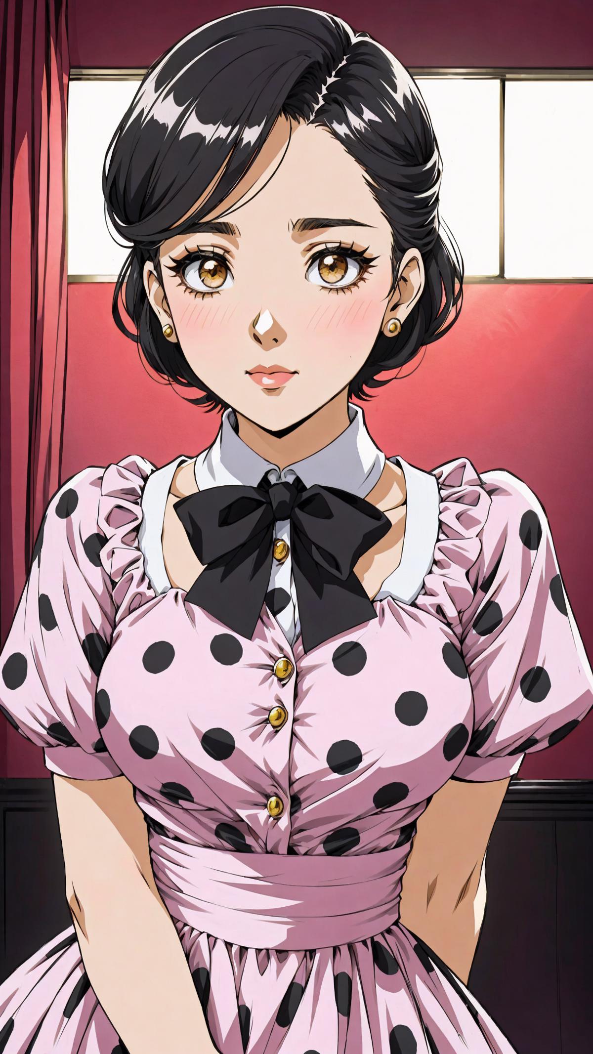Anime-style cartoon girl wearing a pink dress with polka dots and a black bow on her neck.