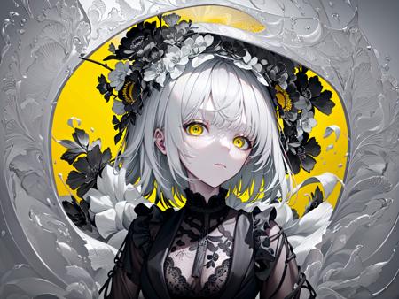 (best quality, masterpiece), (1girl, solo, black suit, standing , looking at viewer, white hair, yellow eyes, closed mouth, upper body), (giant black bouquet background, floral_background)