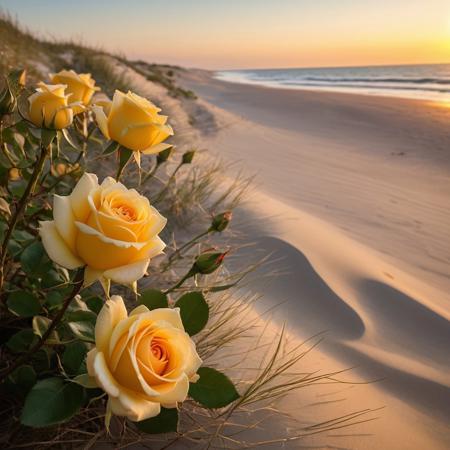 yellow roses bloom on a dune covered with grass. Their delicate petals contrast with the severity of the sandy beach and the wildness of the ocean. The photo exudes peace and beauty of nature. Possible tags: sunset, 
sea, 
beach, 
roses, 
nature, 
landscape, 
romanticism, 
peace, 
vacation, 
travel.