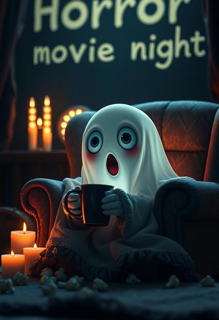 cute adorable, ghost-like creature with large, expressive eyes that capture a sense of wonder and curiosity. The creature's should be soft and illuminated , with shades of white that blend seamlessly with its dark surroundings. stunning cozy evening scene featuring a cute ghost character wrapped in a blanket, it's jaw hanging open, eyes huge, surprised expression on its face, sitting on a comfortable armchair, holding a mug, with scattered popcorn around and candles providing warm light, Behind it there are glowing letters that say "Horror movie night", moody, grainy, noisy, concept art, by Alberto Seveso, Cyril Rolando, Dan Mumford, Meaningful Visual Art, Detailed Painting, Digital Illustration, Unreal Engine 5, 32k maximalist, hyperdetailed fantasy art, 3d