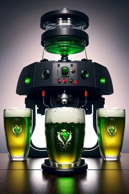 masterpiece, best quality, UHD 4K, stptrcksstle, <lora:Stpatricksday:1.0>, (3/4 view), (upper body), a_photo_of a  Leprechaun (holding one green beer mug), (detailed face), charm, ethereal, microskirt, <lora:Faltmix:1.0>, seductive pose, (light smile:1.1), green beer dispenser mech machine, glass green beer containers, ligth from background, futuristic,
