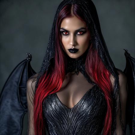 photographic, hyperrealistic, realism, 35mm film, dslr, UHD; dark gothic fantasy concept art of a shimmering black-and-silver dress; imposing, strong muscled athletic build, nocturnal, brooding, painterly realism; cinematic high-contrast lighting, shadow-drenched; muted monochrome palette with silver and blood red highlights; beautifully evil, gothic makeup (smudged charcoal eyes, matte black lips); slender athletic figure with narrow hips and long slim legs; large black Bat Wings; long flowing maxi gown in onyx and pewter threads with subtle metallic sheen; sharp focus, crisp details, strong depth of field; hauntingly beautiful, alluring yet ominous; high quality, 8K.