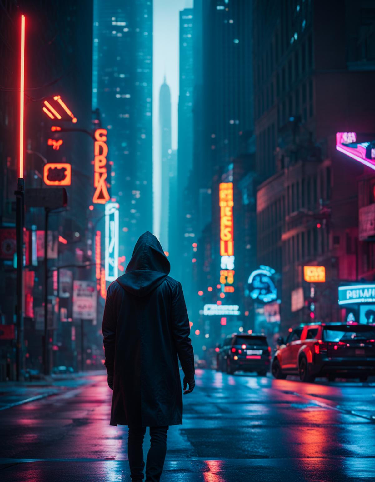 A hooded person standing on a city street with neon lights and a car in the background.