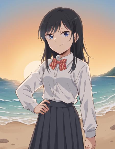 rin nanakura, long hair, bangs, black hair, blue eyes, skirt, shirt, long sleeves, bow, school uniform, white shirt, pleated skirt, striped, bowtie, striped bow, striped bowtie,