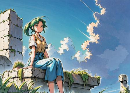 <lora:lora:1>, highres, detailed, ashinano-style, 1girl, green hair, wide shot, grass, overgrown, sitting, blue sky, clouds, ruins, happy