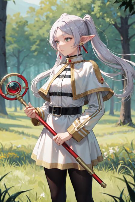 masterpiece, best quality, absurdres, perfect anatomy, FrierenBase, twintails, earrings, white capelet, striped shirt, white skirt, long sleeves, belt, black pantyhose, staff, holding staff, outdoors, forest, <lora:Frieren:1>