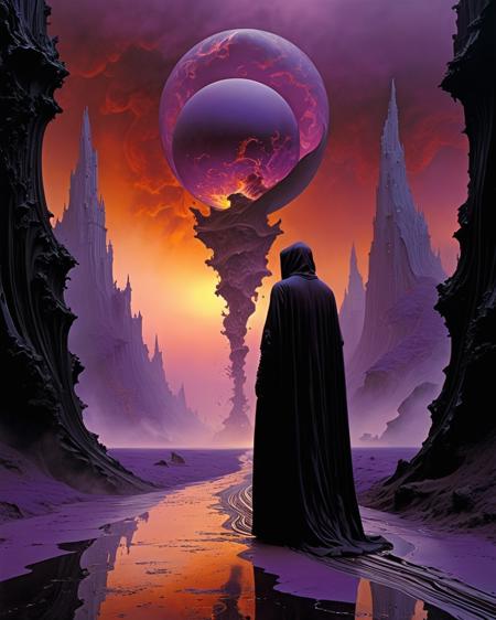 An epic surreal fantasy landscape inspired by Roger Zelazny's The Courts of Chaos â a vast, shifting realm at the edge of reality, filled with fractal skies, swirling mists, floating obsidian monoliths, and twisted paths of light and shadow. A lone, regal figure in a black cloak walks along a shimmering road through dimensions, surrounded by chaos beasts and illusions of time, reality warping in waves. Ethereal fire, dreamlike geometry, and mythic symbolism, rich color palette of purples, golds, and void-blacks, art by Moebius, ZdzisÅaw BeksiÅski, and Michael Whelan, ultra-detailed, cinematic lighting, high fantasy surrealism