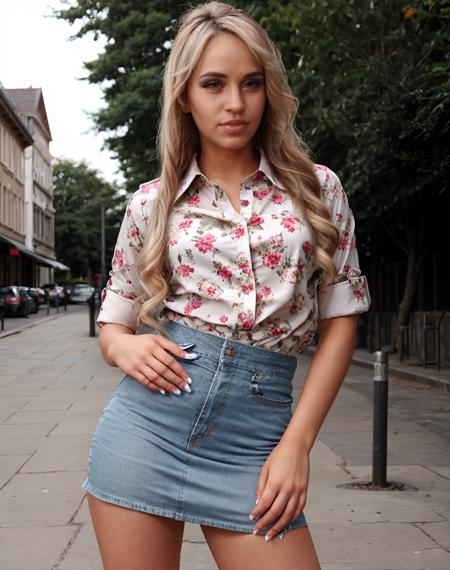 (realistic, photorealistic), cinematic photo  <lora:quiron_AleskaDiamond_v2_lora:0.77> AleskaDiamondQuiron woman wearing Floral print collared shirt worn untucked with a denim flared skirt and espadrille wedges.,  . 35mm photograph, film, bokeh, professional, 4k, highly detailed,  (high quality skin), (high detailed face skin), (realistic iris), (realistic pupils), (skin pores), (skin imperfections:0.27),