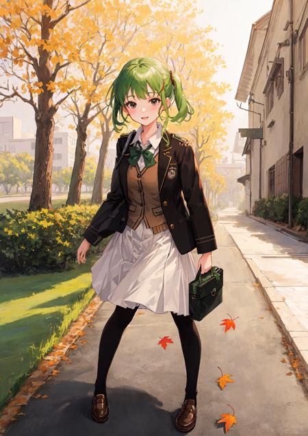 masterpiece,best quality,official art,extremely detailed CG unity 8k wallpaper,illustration,solo,1girl,bishojo,Bright, autumn, rural, green hair, black eyes, student uniforms, student shoes,