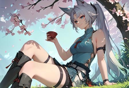 feixiao, open coat, black gloves, half-skirt, double thigh strap, knee boots  feixiao, bare shoulders, arm strapfeixiao, bare shoulders, arm strap, black gloves, half-skirt, double thigh strap, knee boots back tattoo