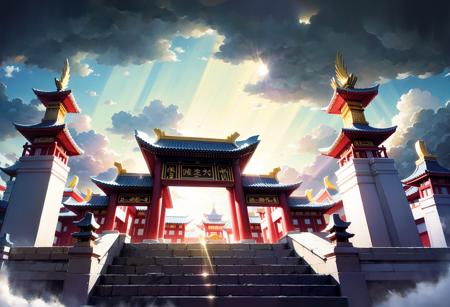 Conceptual art, hand-drawn drawings, East Asian architecture, scenography, cloud, scenery, architecture, sky, east_asian_architecture, no_humans, sunlight, cloudy_sky, outdoors, stairs, light_rays, pillar, building, day<lora:Scenography:1>